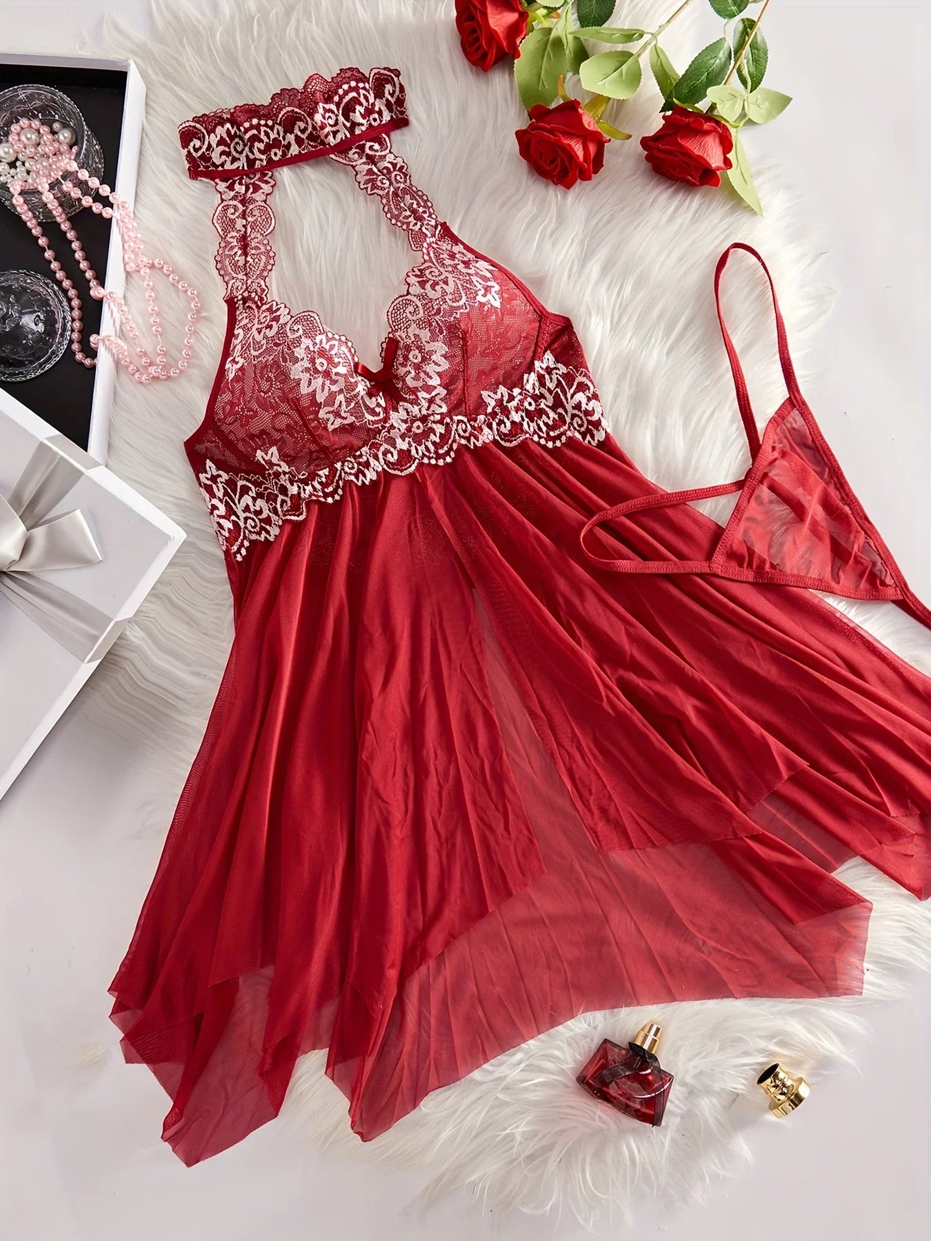 Lace Ruffle Trim Lingerie Set