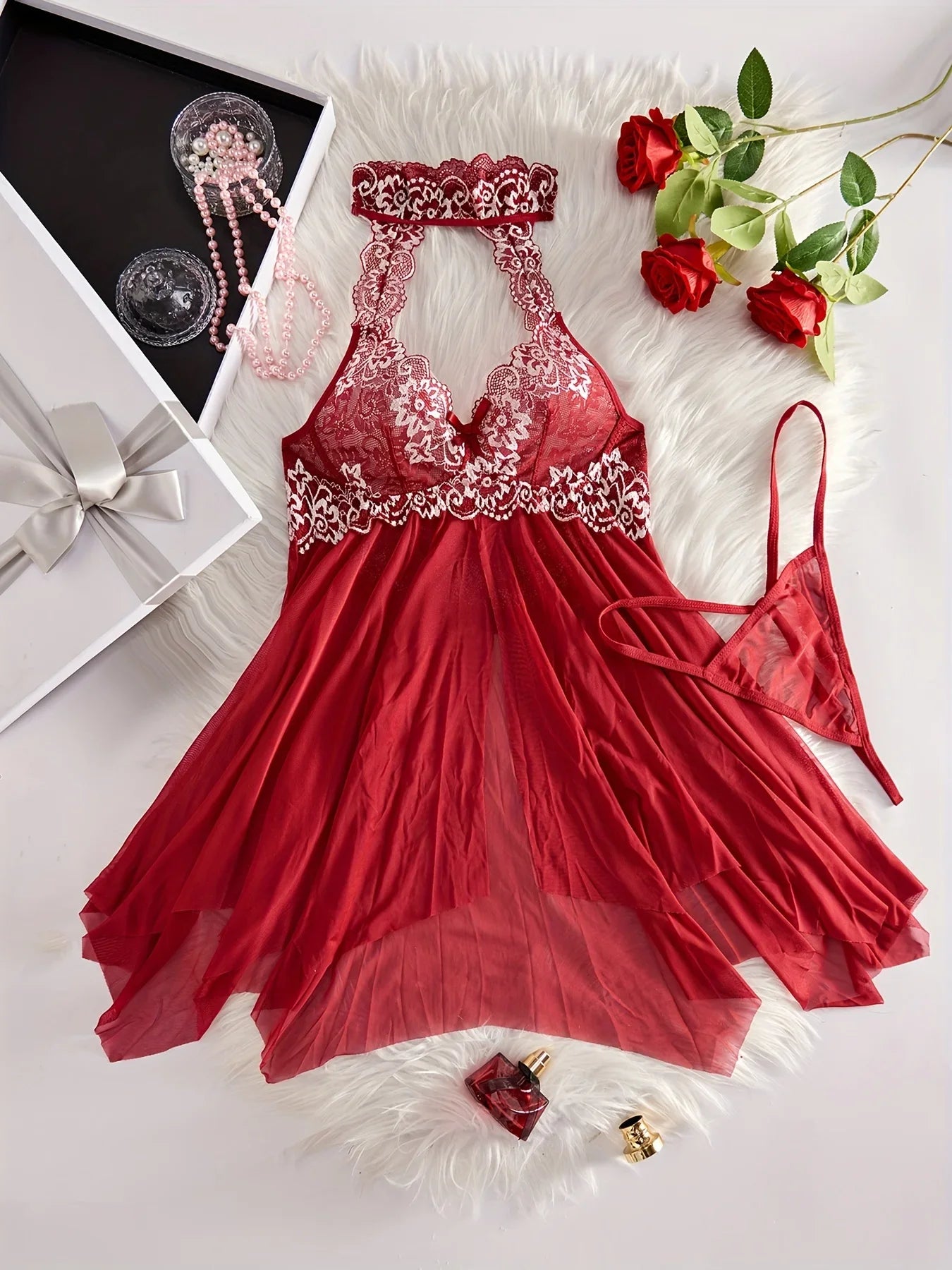 Lace Ruffle Trim Lingerie Set